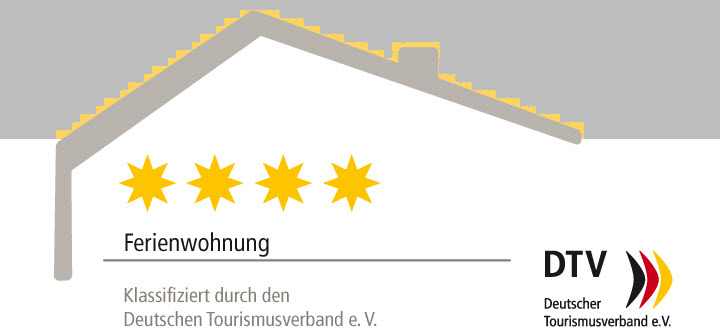 in 2018, 2021 und erneut in 2024 mit den vier ***Sternen des DTV bei einer Belegung mit bis zu drei Personen ausgezeichnet seit 2018 durchgehend mit den vier ***Sternen des DTV bei einer Belegung mit drei Personen ausgezeichnet